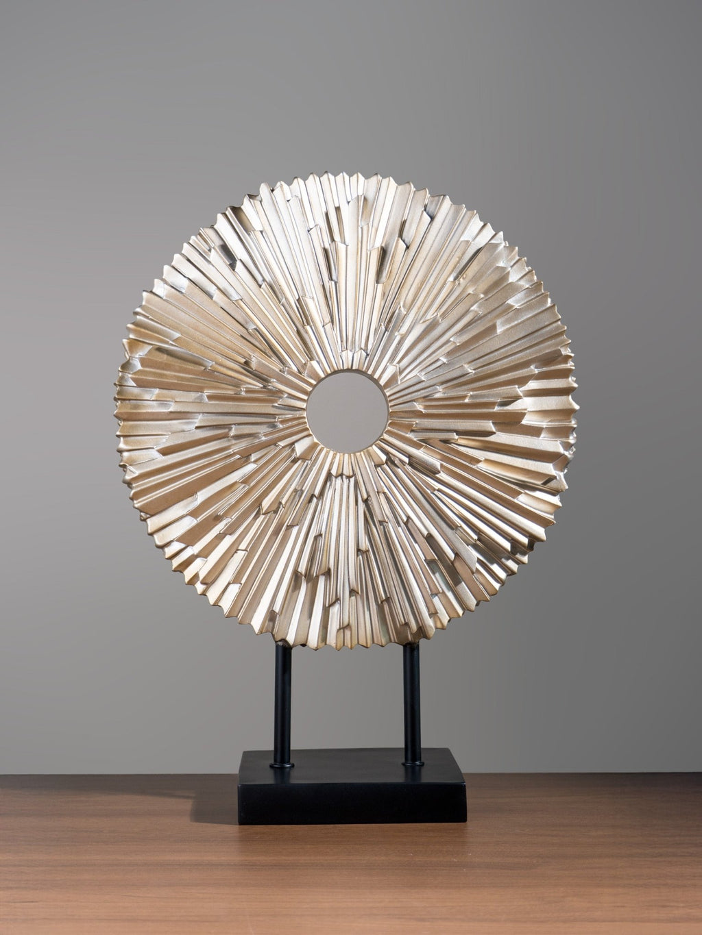 Champagne Gold Sunburst Disc Sculpture Set on Stand - The Golden Theory