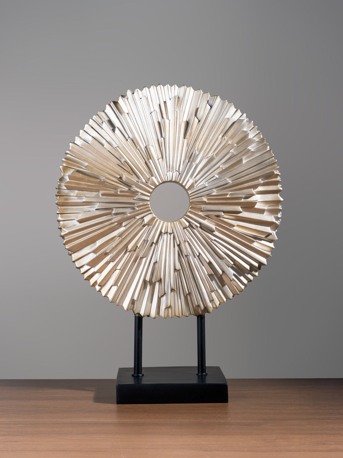 Champagne Gold Sunburst Disc Sculpture Set on Stand - The Golden Theory