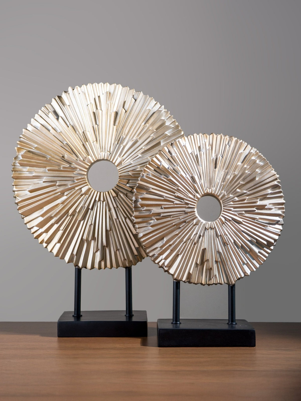 Champagne Gold Sunburst Disc Sculpture Set on Stand - The Golden Theory Main image