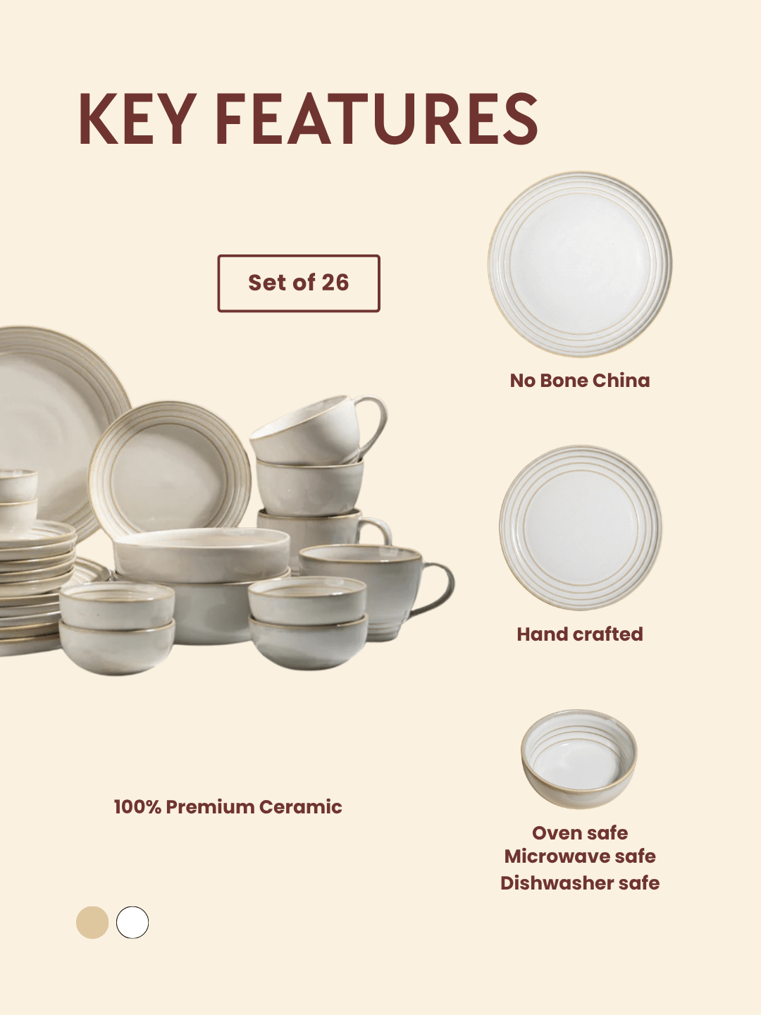 Classic Ivory Ceramic Dinner Set of 26 with Soup Bowls - The Golden Theory