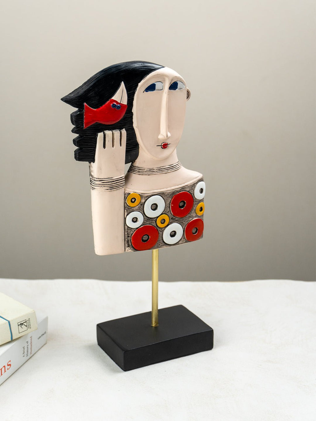 Colorful Abstract Face Sculpture with Red Bird - The Golden Theory