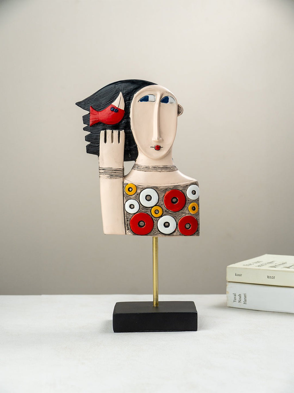 Colorful Abstract Face Sculpture with Red Bird - The Golden Theory