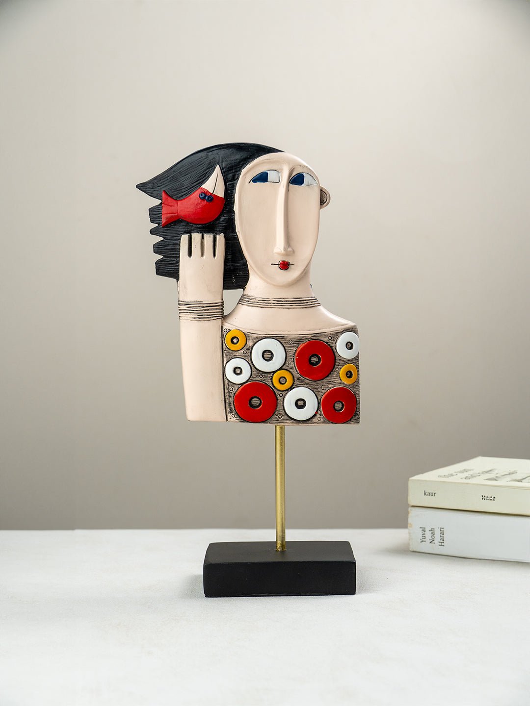Colorful Abstract Face Sculpture with Red Bird - The Golden Theory