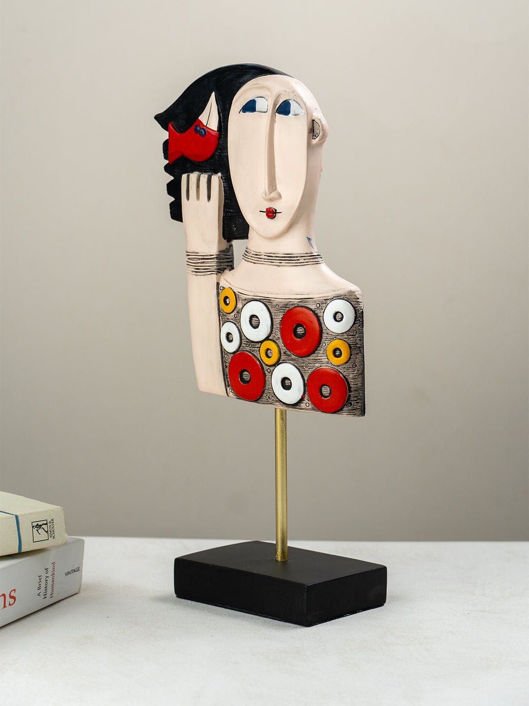 Colorful Abstract Face Sculpture with Red Bird - The Golden Theory