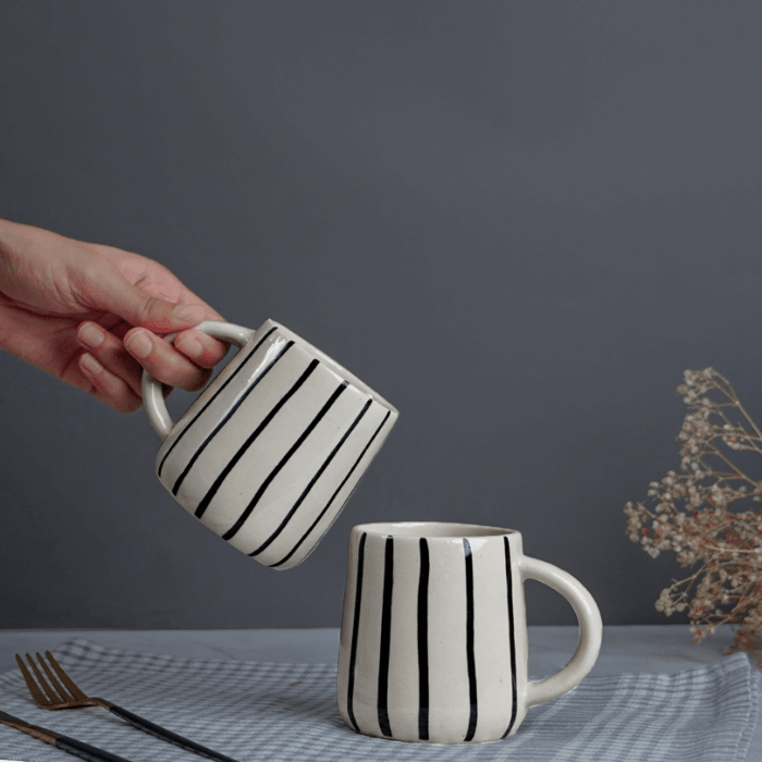 Cream Ceramic Mug with Black Stripes - The Golden Theory