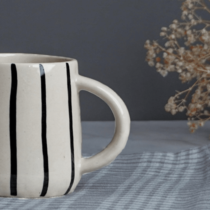 Cream Ceramic Mug with Black Stripes - The Golden Theory