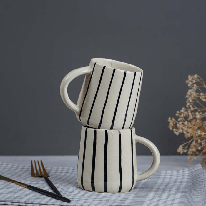 Cream Ceramic Mug with Black Stripes - The Golden Theory