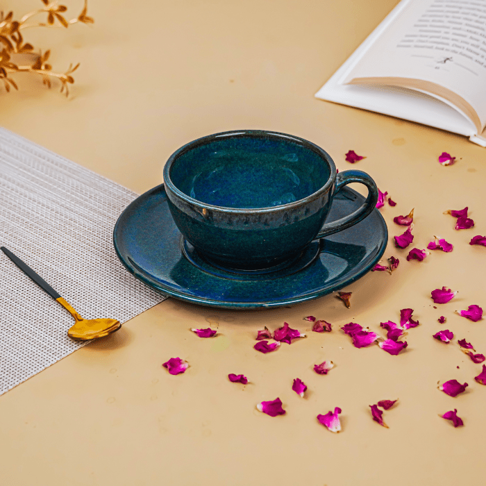 Deep Blue Ceramic Cup and Saucer Set - The Golden Theory