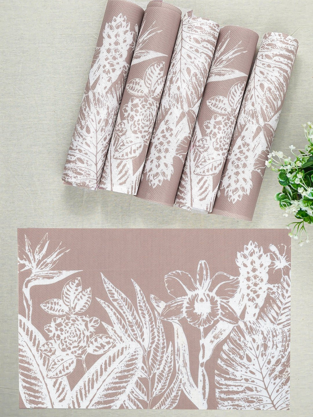 Dusty Pink Floral Table Mat with White Botanical Print - The Golden Theory