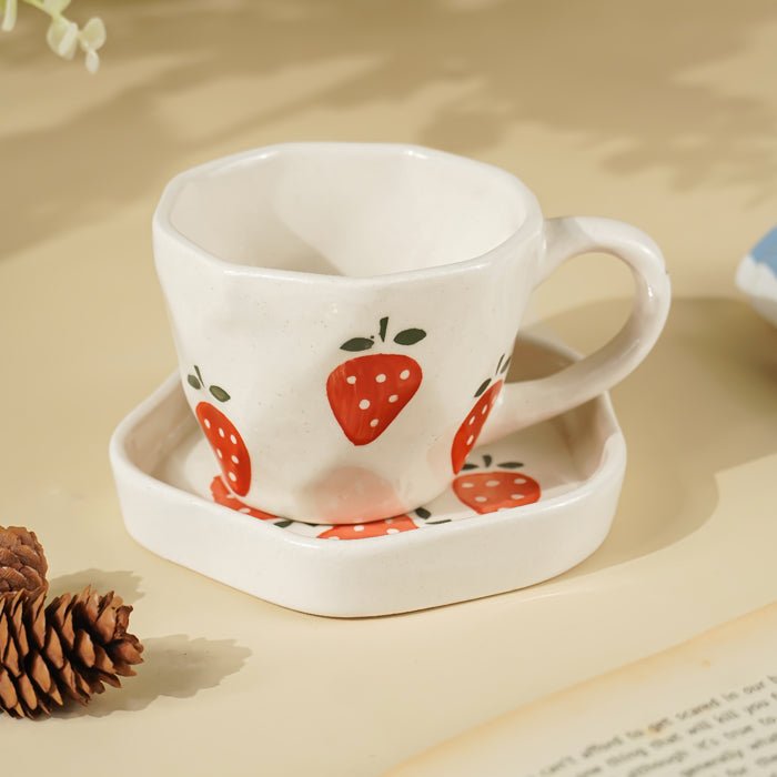 Elegant White Ceramic Cup & Saucer Set with Strawberry Print - The Golden Theory