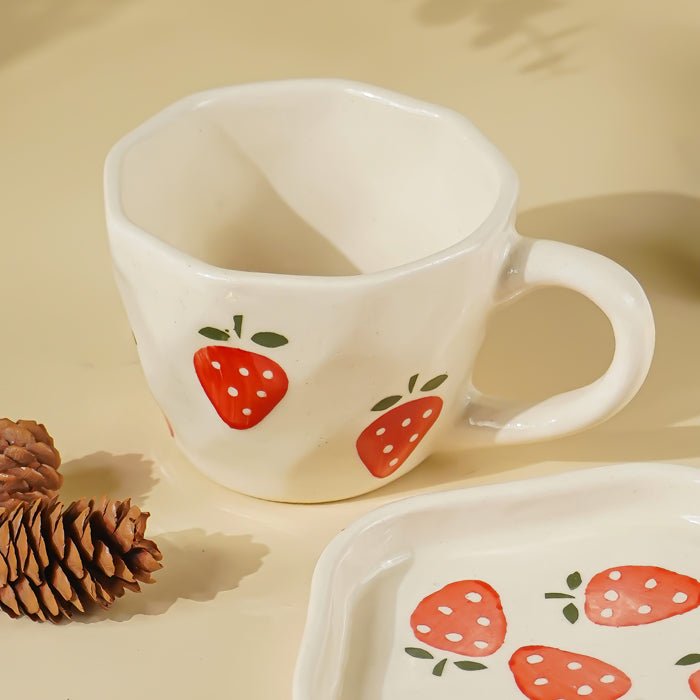 Elegant White Ceramic Cup & Saucer Set with Strawberry Print - The Golden Theory