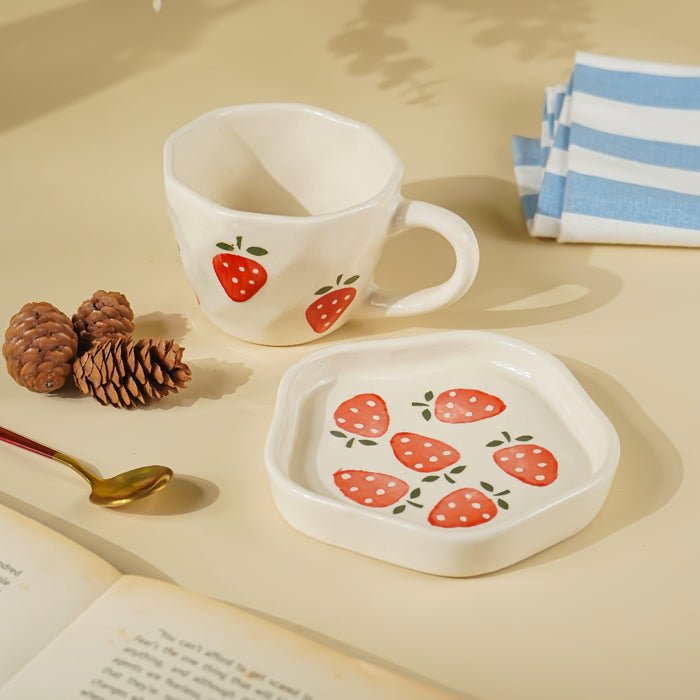 Elegant White Ceramic Cup & Saucer Set with Strawberry Print - The Golden Theory