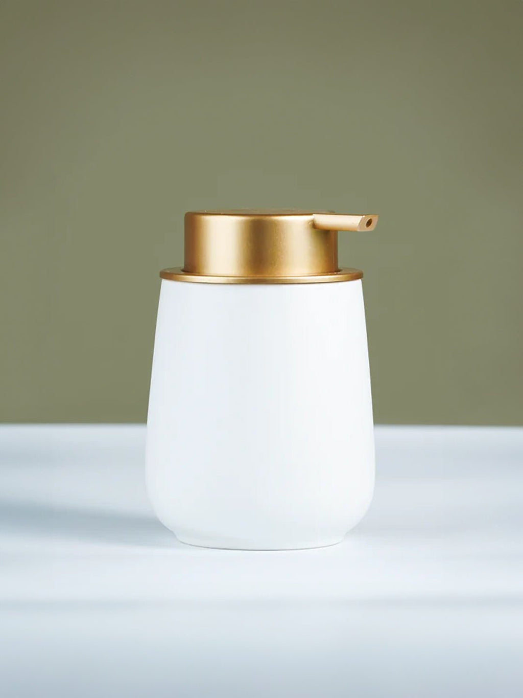 Elegant White Soap Dispenser with Gold Accents - The Golden Theory