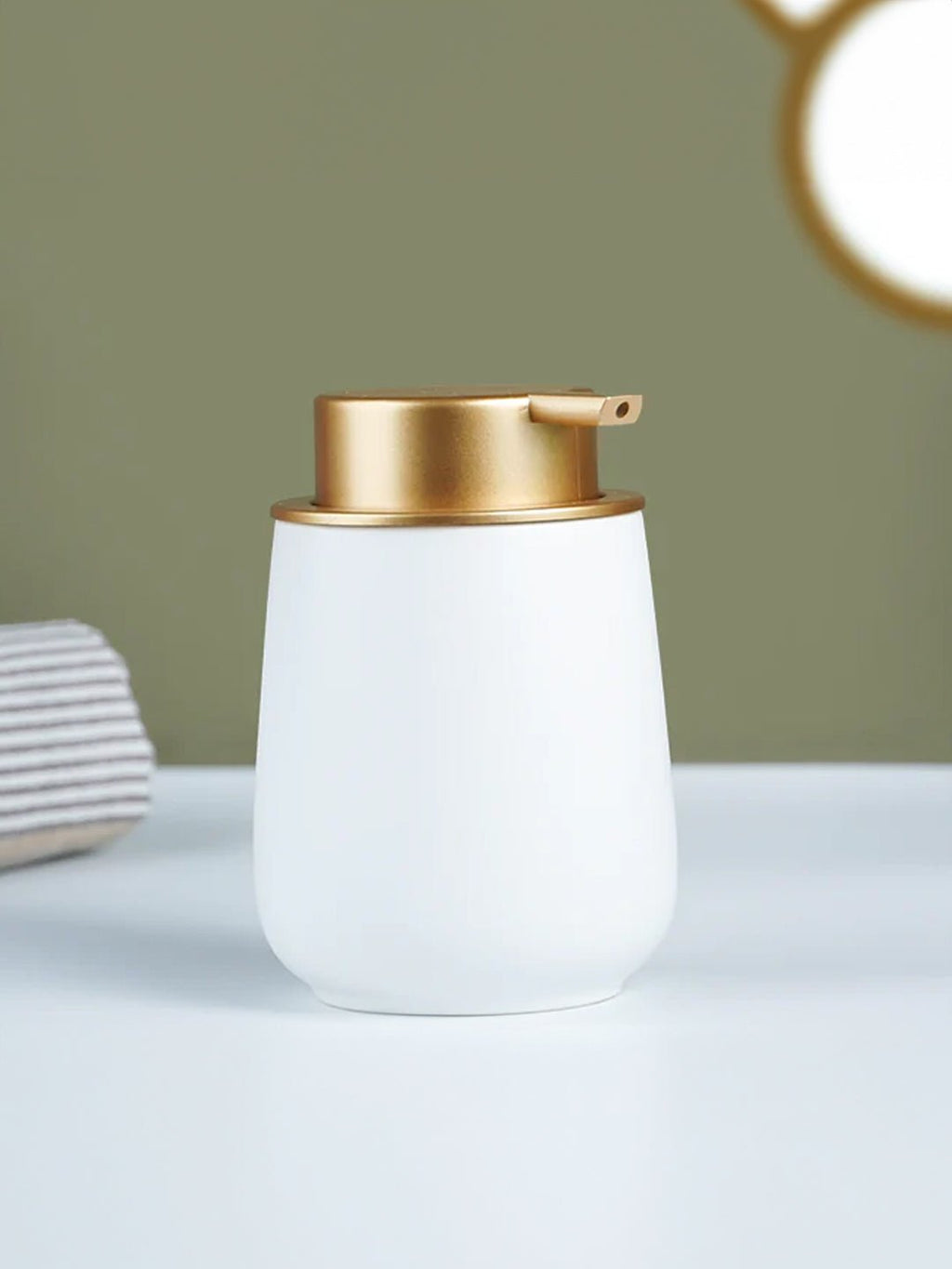 Elegant White Soap Dispenser with Gold Accents - The Golden Theory