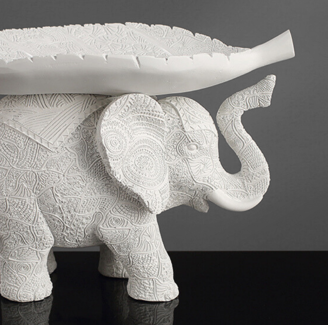 White Resin Elephant with Leaf Platter