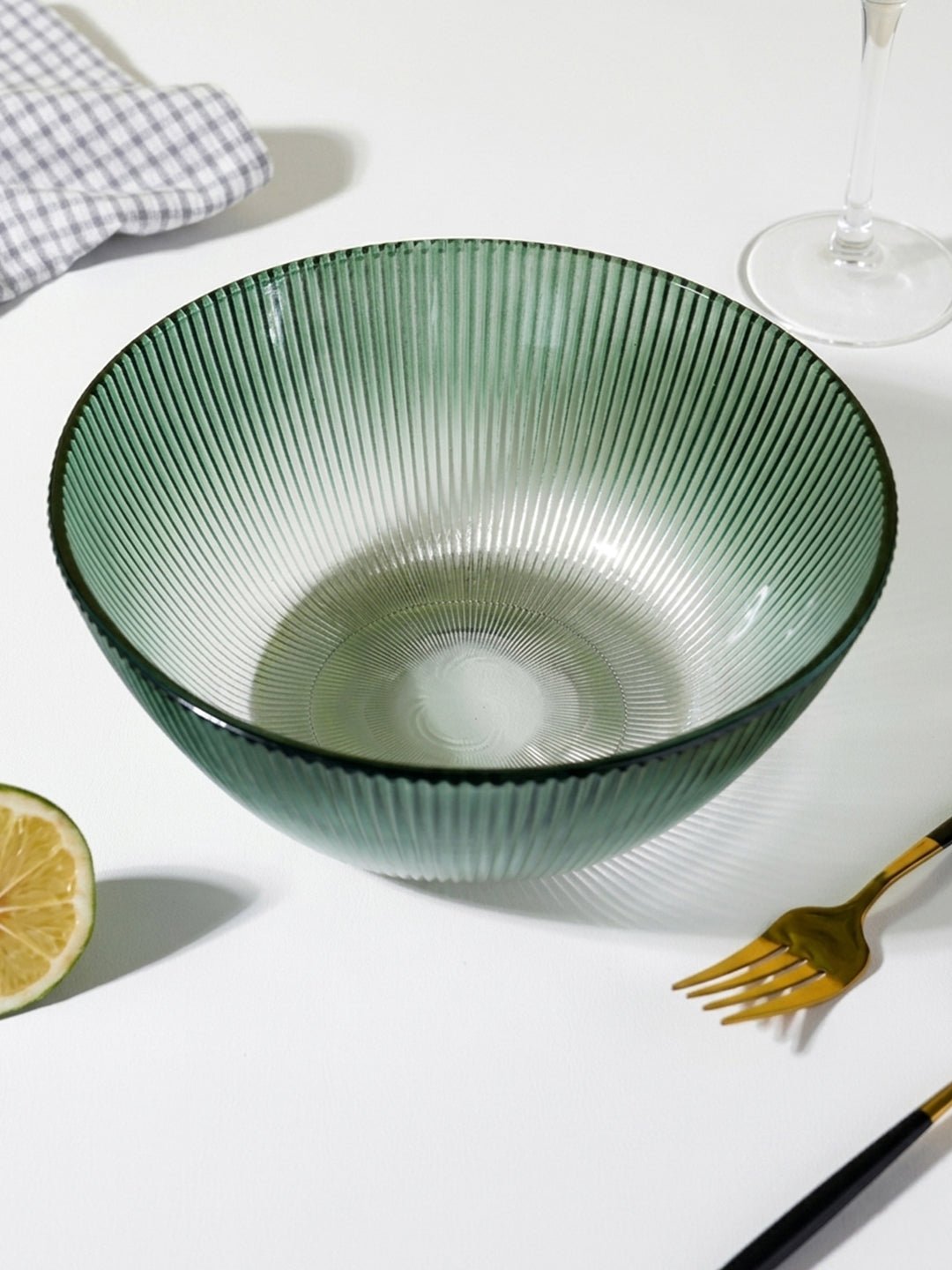 Forest Green Ribbed Glass Bowl - Ombre Gradient Serving Dish - The Golden Theory