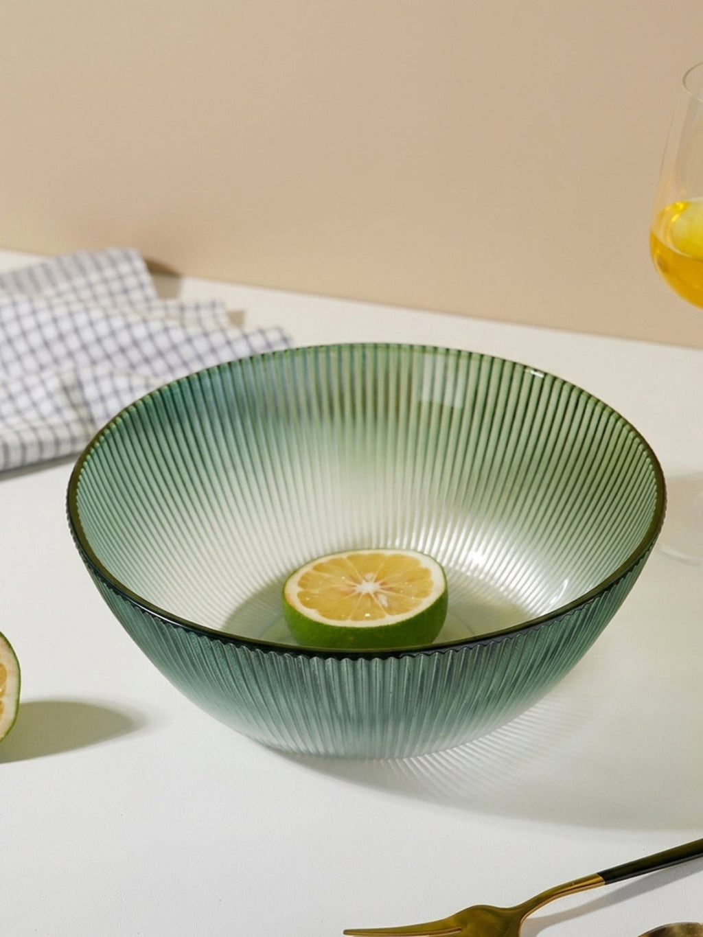 Forest Green Ribbed Glass Bowl - Ombre Gradient Serving Dish - The Golden Theory