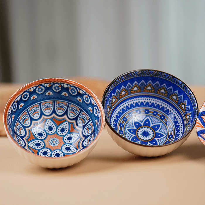 Geometric Floral Pattern Painted Ceramic Bowls Set of 4 - The Golden Theory
