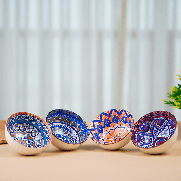 Geometric Floral Pattern Painted Ceramic Bowls Set of 4 - The Golden Theory