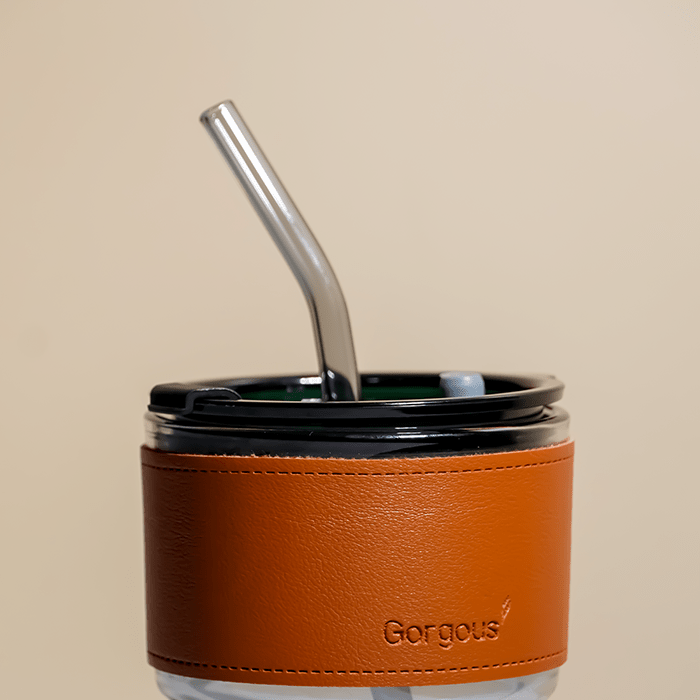 Glass Tumbler with Leather Sleeve - Black Straw - The Golden Theory