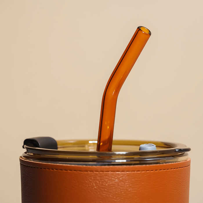 Glass Tumbler with Leather Sleeve - Orange Straw - The Golden Theory
