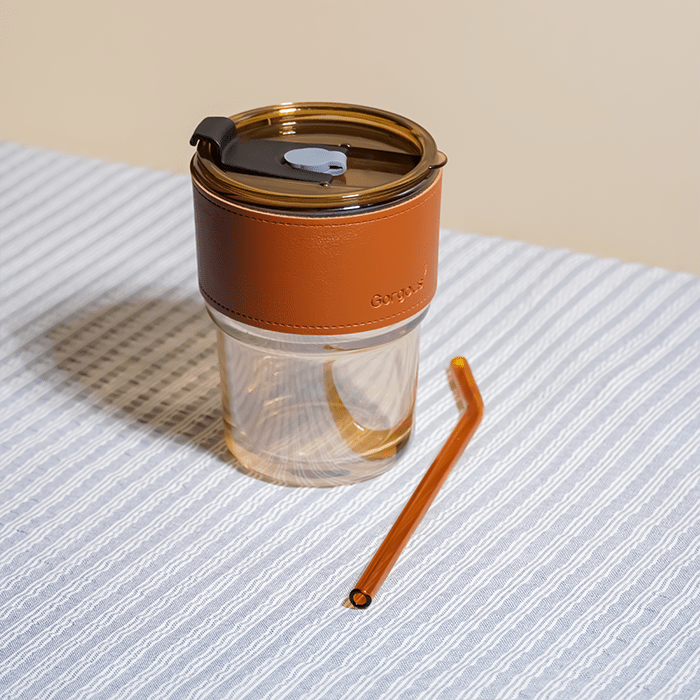 Glass Tumbler with Leather Sleeve - Orange Straw - The Golden Theory