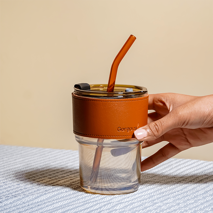 Glass Tumbler with Leather Sleeve - Orange Straw - The Golden Theory
