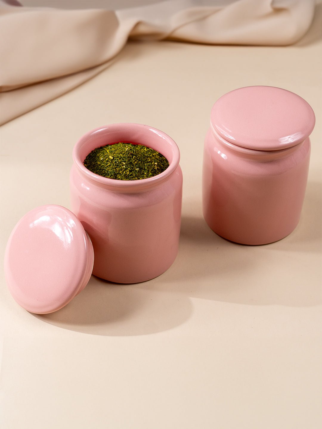 Glazed Pink Ceramic Canisters with Lids - Set of 2 - The Golden Theory