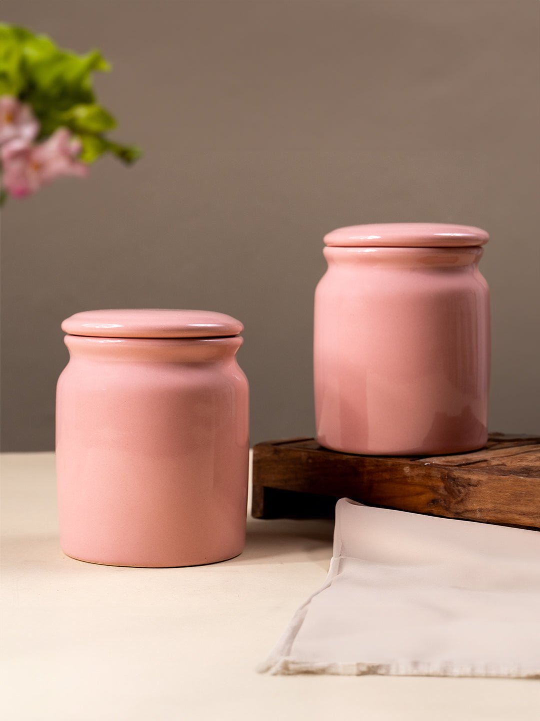 Glazed Pink Ceramic Canisters with Lids - Set of 2 - The Golden Theory