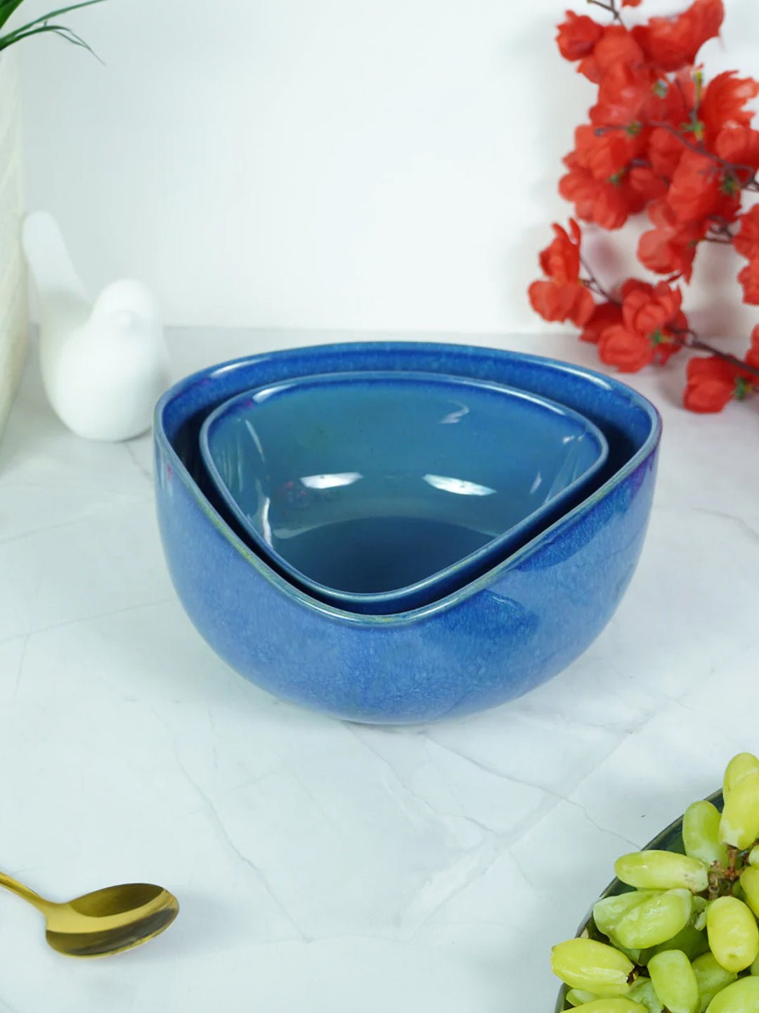 Glossy Blue Ceramic Triangle Serving Bowl | Set of 2 - The Golden Theory Main image