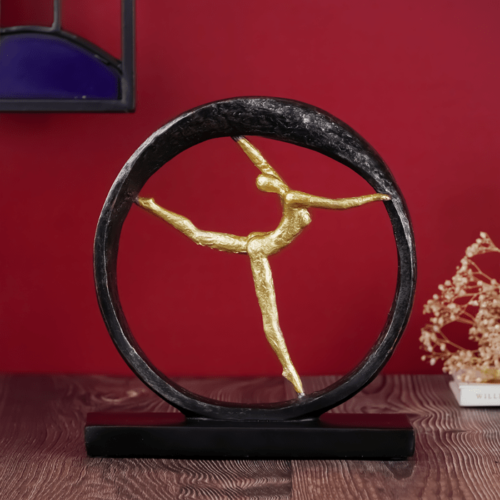 Gold Abstract Dancer in Black Circle Sculpture - Modern Art Decor - The Golden Theory
