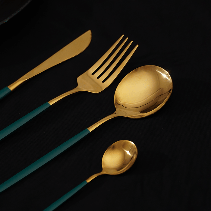Gold and Teal Stainless Steel Cutlery Set of 4 - The Golden Theory