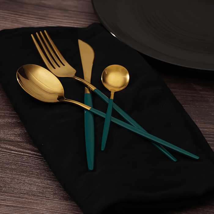 Gold and Teal Stainless Steel Cutlery Set of 4 - The Golden Theory
