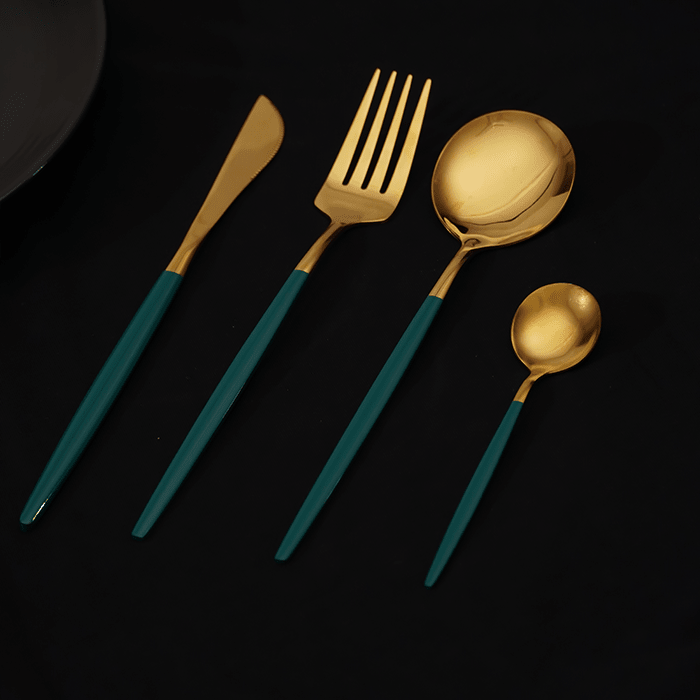 Gold and Teal Stainless Steel Cutlery Set of 4 - The Golden Theory