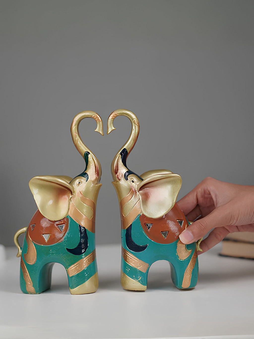 Gold and Teal Twin Elephant Figurines - Set of 2 - The Golden Theory