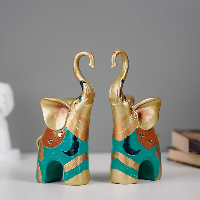 Gold and Teal Twin Elephant Figurines - Set of 2 - The Golden Theory