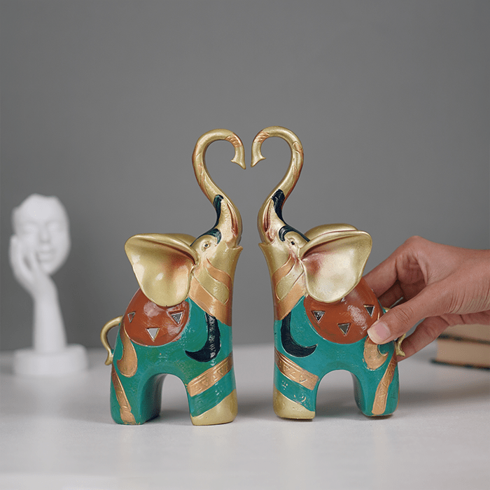 Gold and Teal Twin Elephant Figurines - Set of 2 - The Golden Theory