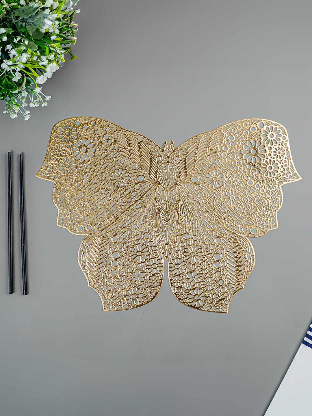 Gold Butterfly Cutout Table Mat with Intricate Floral Detailing - The Golden Theory Main image