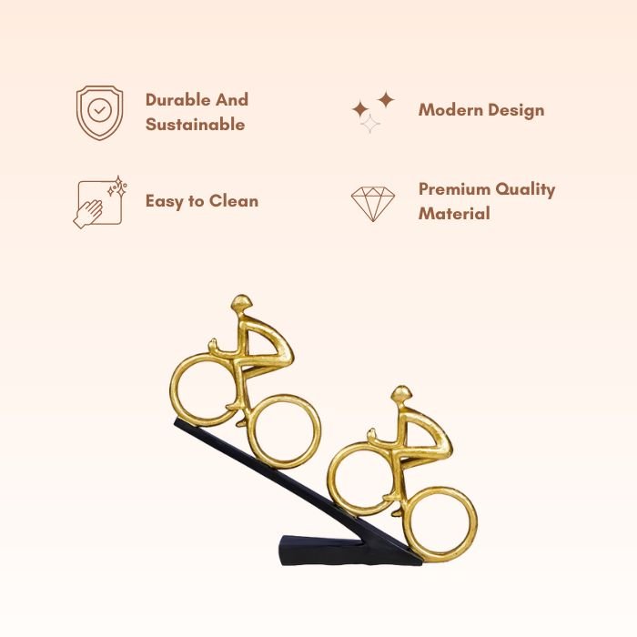 Gold Cyclist Sculpture - Dual Cyclists on Black Base - The Golden Theory