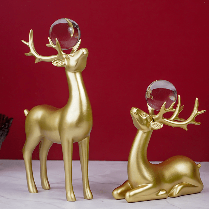 Gold Deer Sculptures with Crystal Balls - The Golden Theory Main image
