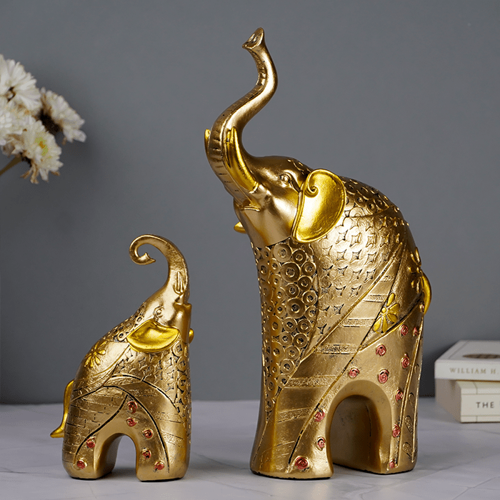 Gold Elephant Statues with Floral Accents - Set of Two - The Golden Theory