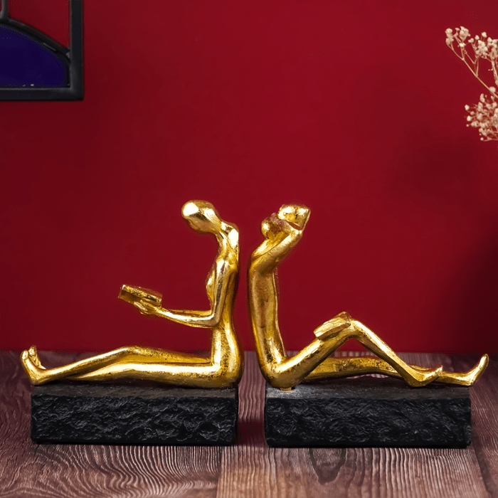 Gold Reading and Thinking Bookend Sculptures - Modern Art Decor - The Golden Theory