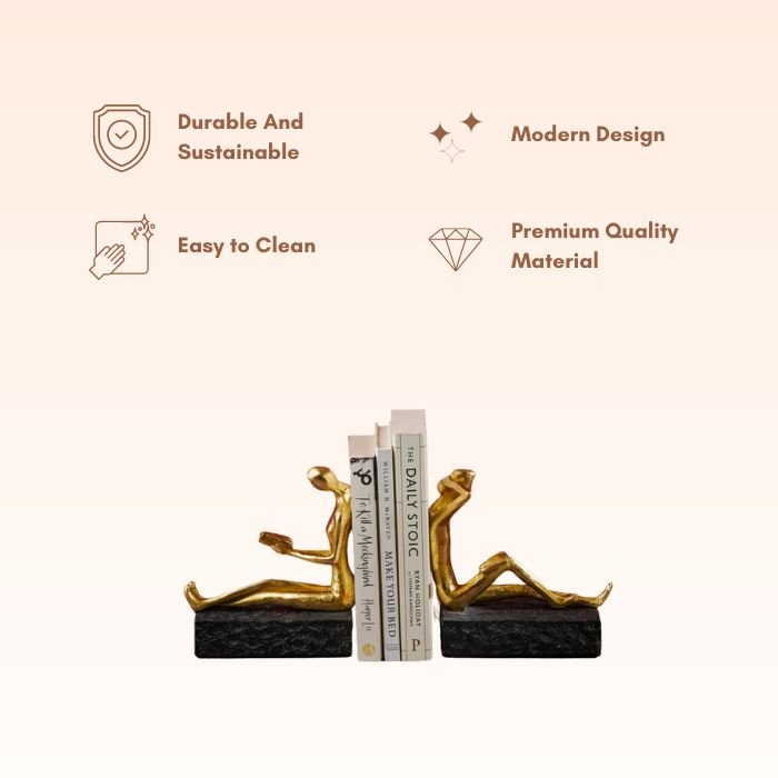 Gold Reading and Thinking Bookend Sculptures - Modern Art Decor - The Golden Theory