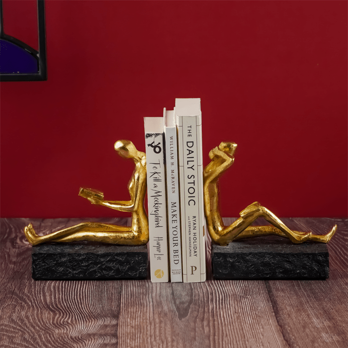 Gold Reading and Thinking Bookend Sculptures - Modern Art Decor - The Golden Theory