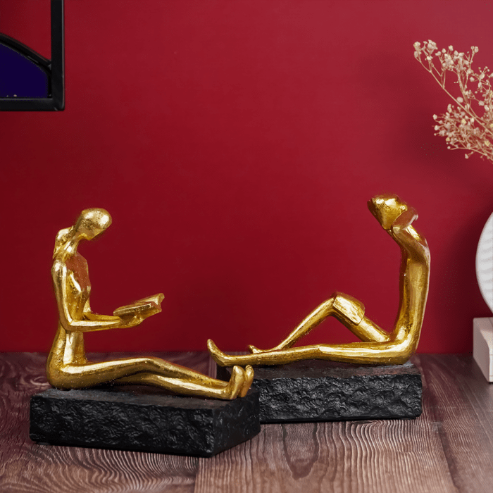 Gold Reading and Thinking Bookend Sculptures - Modern Art Decor - The Golden Theory