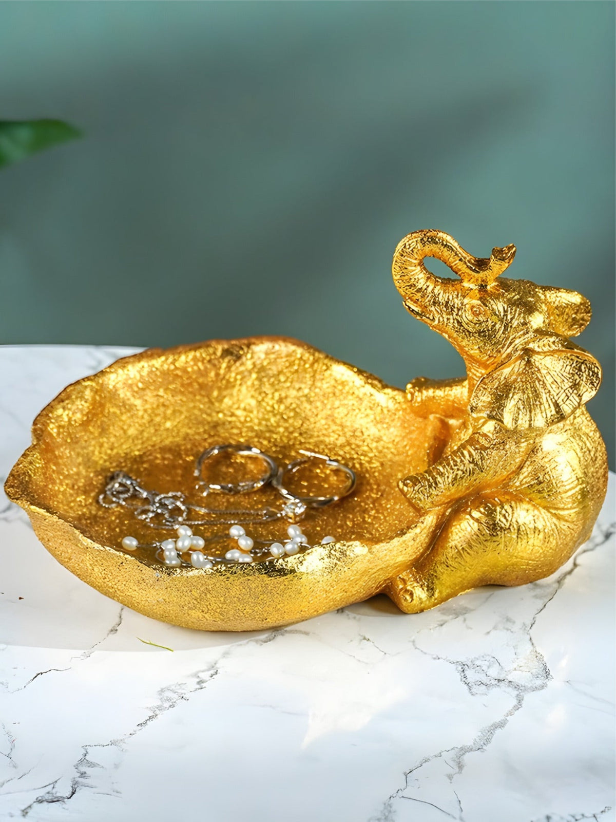Gold Resin Elephant Trinket Bowl with Textured Finish - The Golden Theory