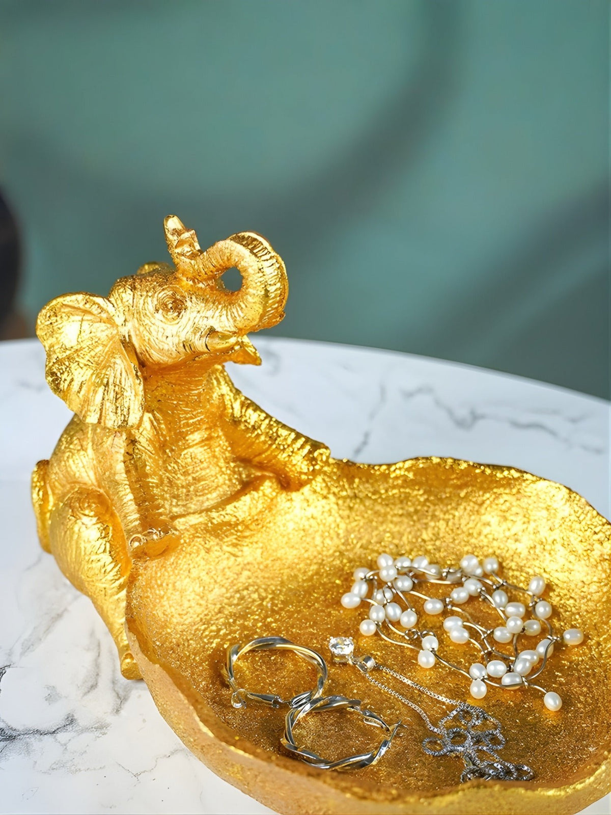 Gold Resin Elephant Trinket Bowl with Textured Finish - The Golden Theory