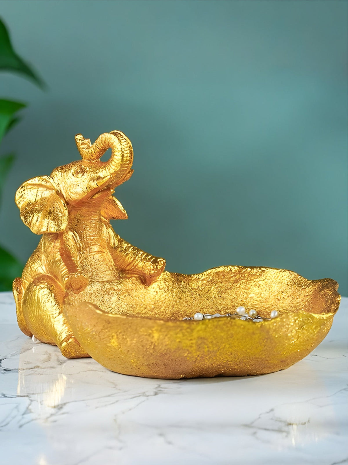 Gold Resin Elephant Trinket Bowl with Textured Finish - The Golden Theory