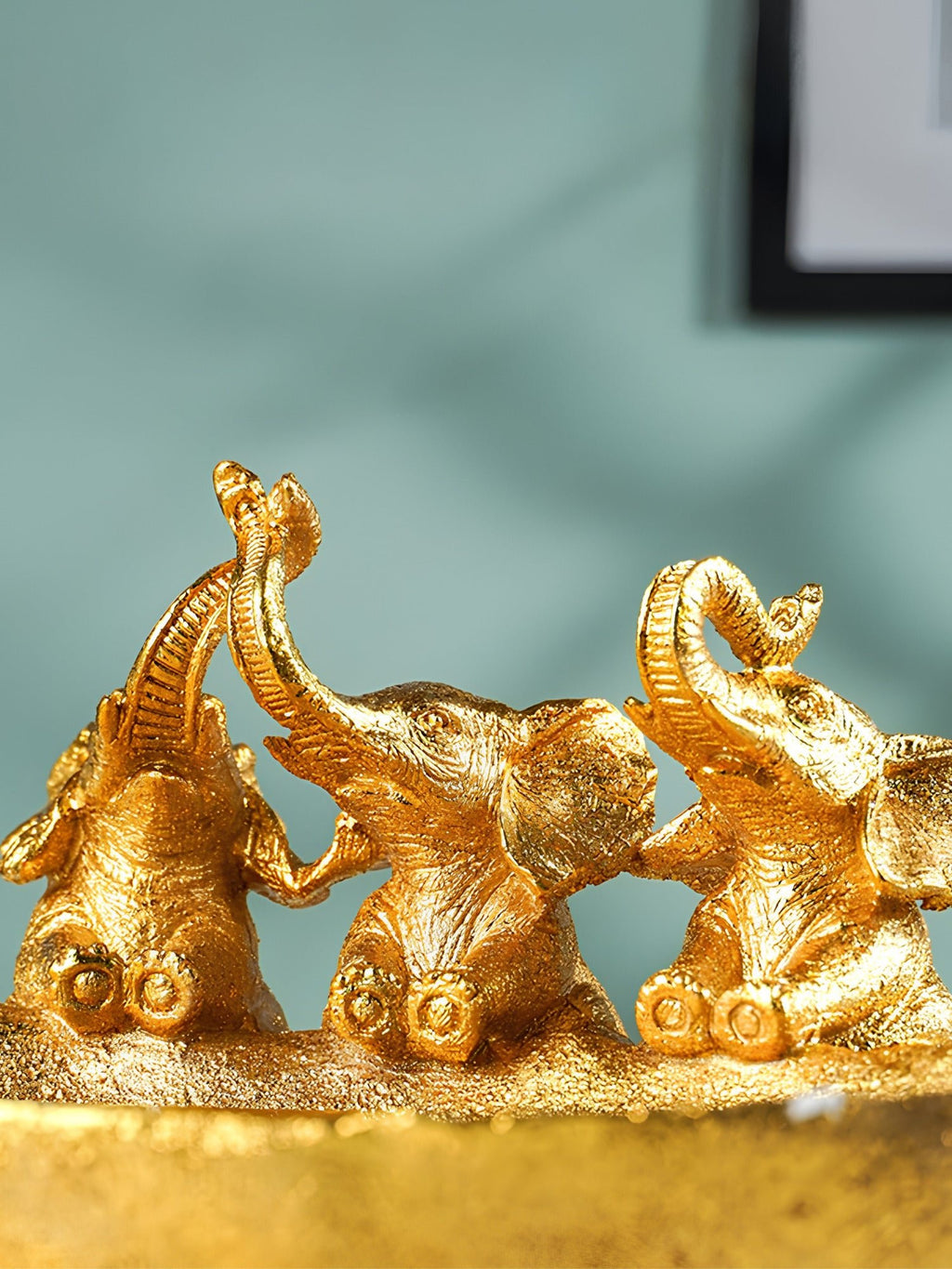 Gold Resin Elephant Trio Decorative Tray with Textured Finish - The Golden Theory
