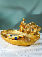 Gold Resin Elephant Trio Decorative Tray with Textured Finish - The Golden Theory